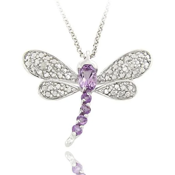 charm heart necklace -Dolce Giavonna Sterling Silver Amethyst and Diamond Accent Dragonfly Necklace