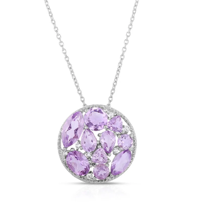 family birthstone necklace -Dolce Giavonna Sterling Silver Amethyst and White Topaz Cluster Circle Necklace