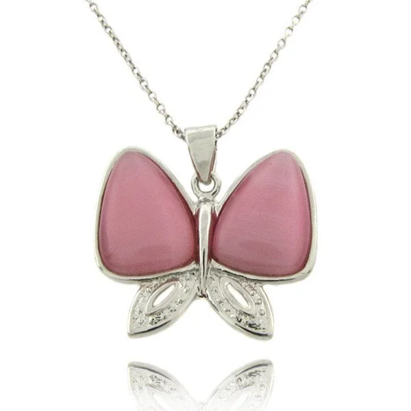 lucky charm pendant necklace -Dolce Giavonna Sterling Silver and Pink Cat's Eye Butterfly Necklace