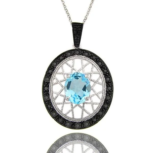 moonlight necklace pendant -Dolce Giavonna Sterling Silver Blue Topaz and Black Diamond Oval Filigree Necklace