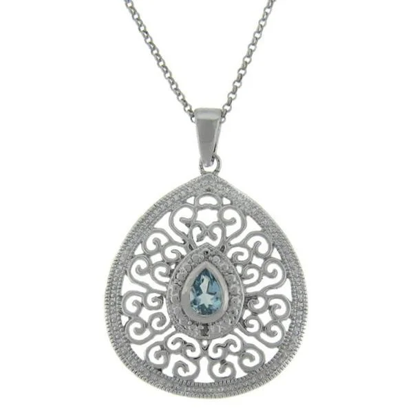 vintage flower necklace gold -Dolce Giavonna Sterling Silver Blue Topaz and Diamond Accent Filigree Teardrop Necklace