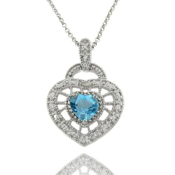 personalized charm necklace -Dolce Giavonna Sterling Silver Blue Topaz and Diamond Accent Heart Necklace