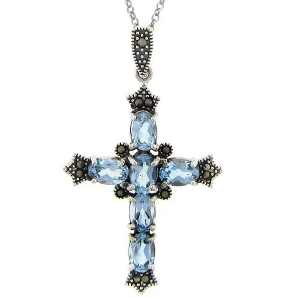 gold coin necklace for women -Dolce Giavonna Sterling Silver Blue Topaz, Marcasite and CZ Cross Necklace