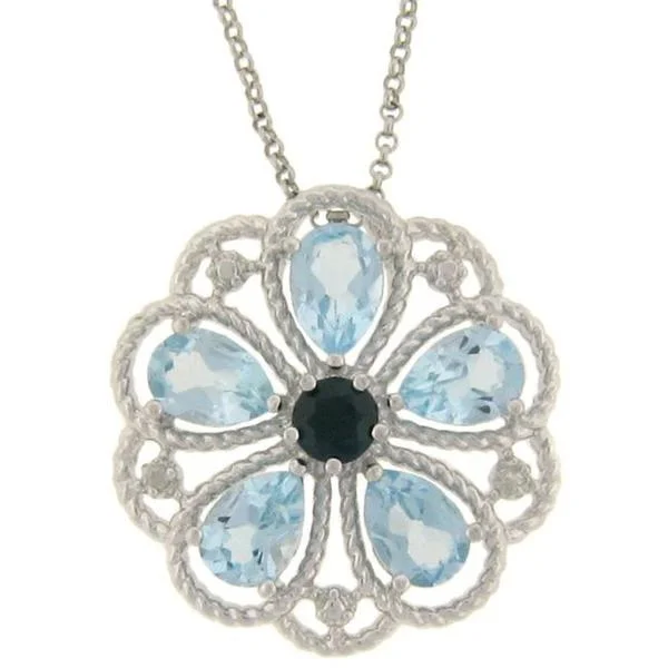 double layer silver necklace -Dolce Giavonna Sterling Silver Blue Topaz, Sapphire and Diamond Accent Flower Necklace