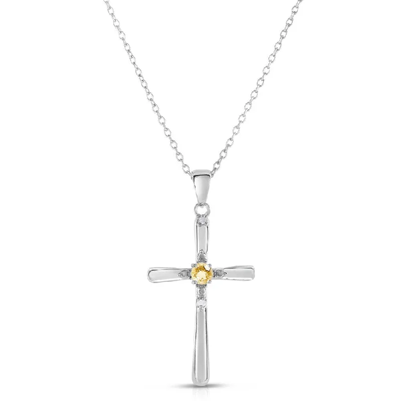 modern choker necklace -Dolce Giavonna Sterling Silver Citrine and Diamond Accent Cross Necklace (I-J, I2-I3)