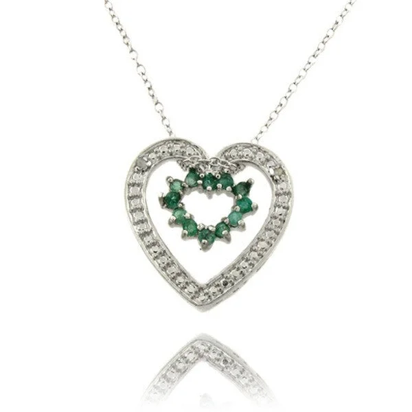 boho stone necklace -Dolce Giavonna Sterling Silver Emerald and Diamond Accent Heart Necklace