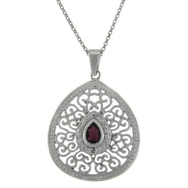 elegant gemstone necklace -Dolce Giavonna Sterling Silver Garnet and Diamond Accent Filigree Teardrop Necklace