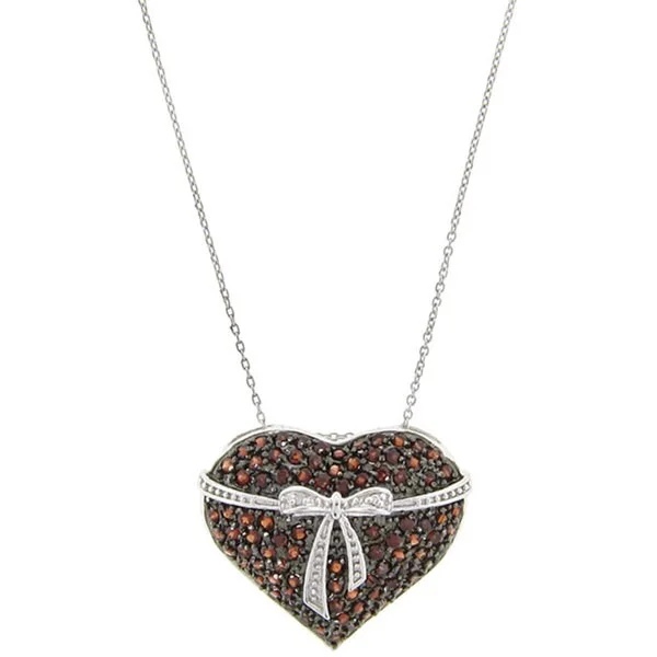 trendy chain necklace for women -Dolce Giavonna Sterling Silver Garnet and Diamond Heart/ Bow Necklace