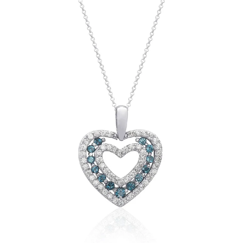 family birthstone necklace -Dolce Giavonna Sterling Silver London Blue Topaz and Cubic Zirconia Heart Necklace