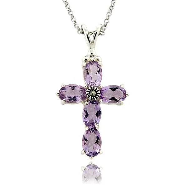 minimalist round necklace -Dolce Giavonna Sterling Silver Marcasite and Amethyst Cross Necklace