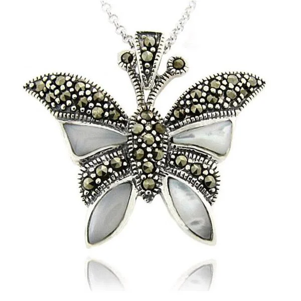 men’s sterling silver necklace -Dolce Giavonna Sterling Silver Marcasite and Mother of Pearl Butterfly Necklace