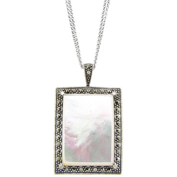 infinity circle necklace gold -Dolce Giavonna Sterling Silver Marcasite and Mother of Pearl Rectangle Necklace