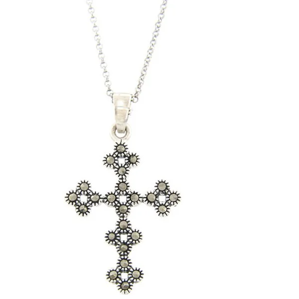 sapphire gemstone necklace -Dolce Giavonna Sterling Silver Marcasite Flower Design Cross Necklace