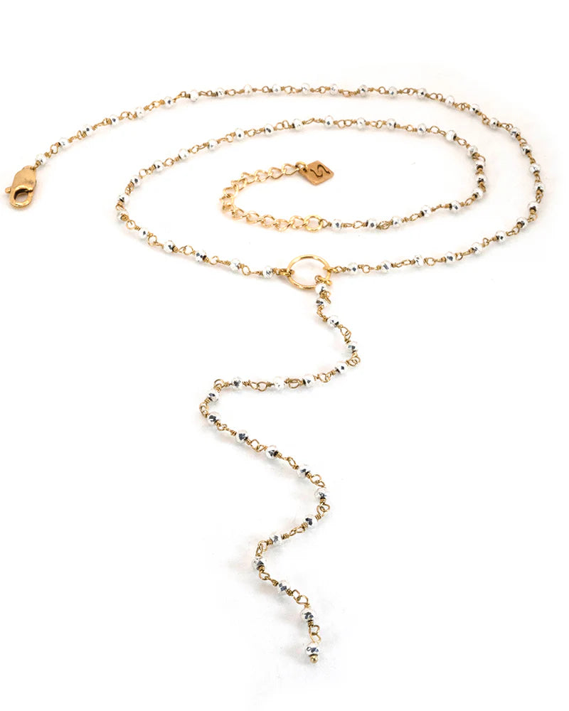 moon charm necklace gold -Gwyneth Pyrite Y Rosary Matinee Necklace in Gold