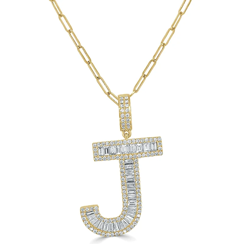 rose gold heart pendant -Joelle Diamond Baguette Large Initial Paperclip Link Necklace 14K Yellow Gold - J