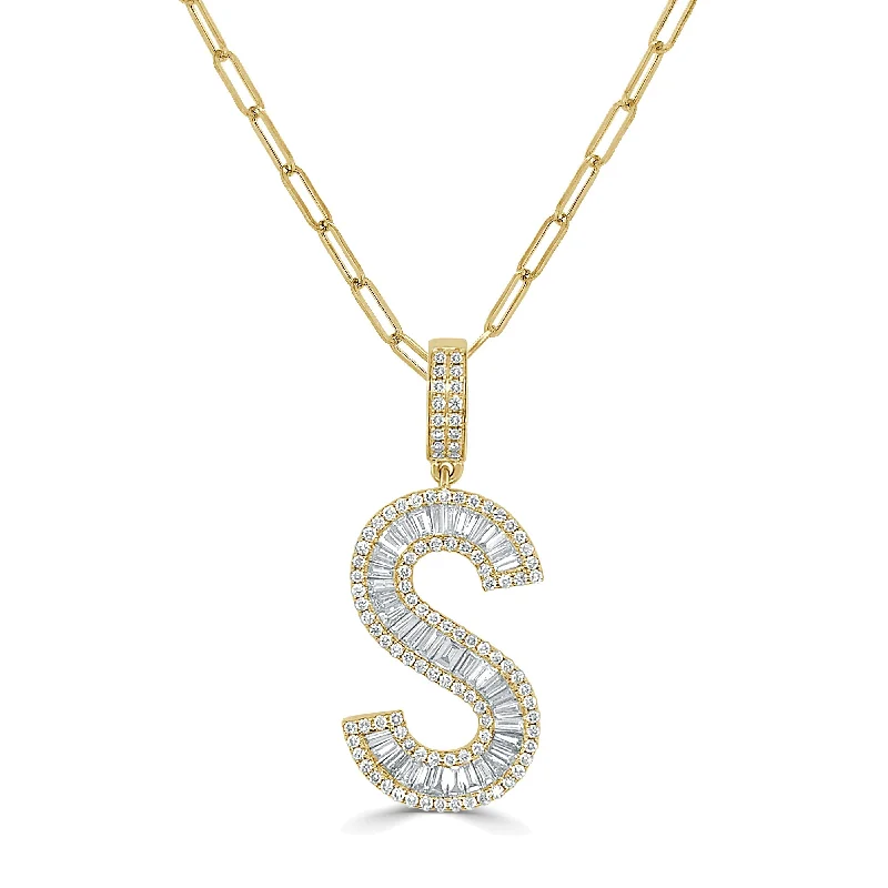 symbolic charm necklace -Joelle Diamond Baguette Large Initial Paperclip Link Necklace 14K Yellow Gold - S