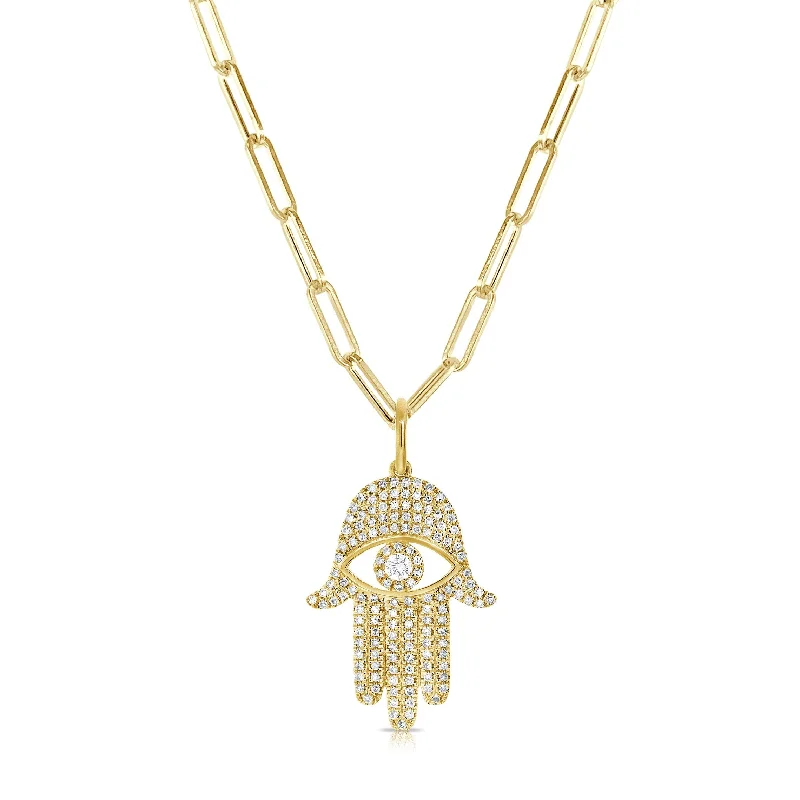 lucky charm pendant necklace -Joelle Diamond Hamsa Necklace Hand of God 14K Yellow Gold on 18-inch Paperclip Chain