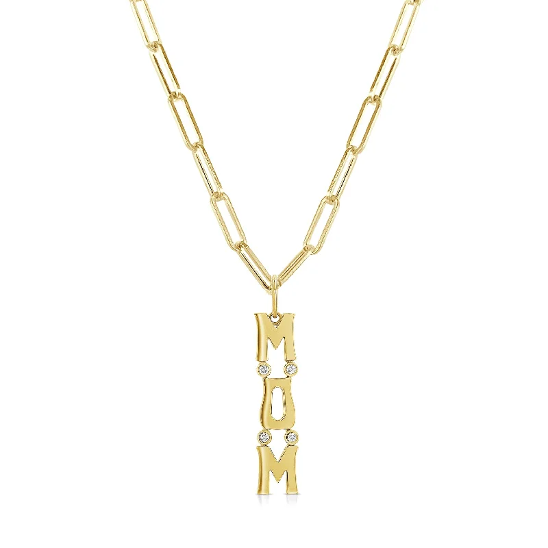 classic gold chain necklace -Joelle Diamond MOM Charm Necklace 14K Yellow Gold paperclip Chain 18-inch