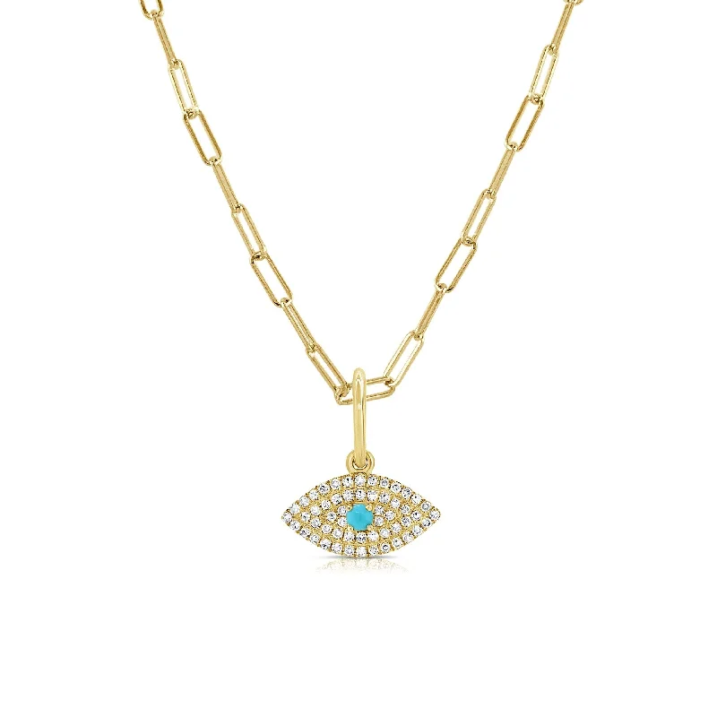 infinity bar necklace -Joelle Evil Eye Dimaond & Turquoise Necklace 14K Yellow Gold on 16-inch paperclip Chain