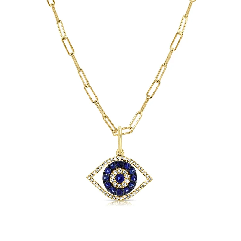 silver tree of life necklace -Joelle Evil Eye Sapphire & Diamond Necklace 14K Yellow Gold on 16-inch Paperclip Chain