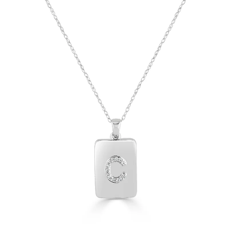 boho chic necklace for women -Joelle Initial Letter C Dog Tag Necklace 14K White Gold & Diamond 1/25 TDW on a 16-inch Chain