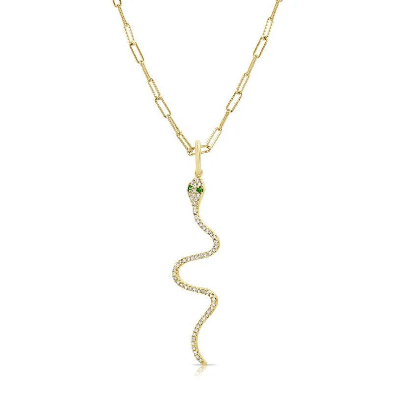 vintage flower necklace gold -Joelle Snake Necklace 14K Yellow Gold Diamond & Tsavorite 16-inch Paperclip Chain