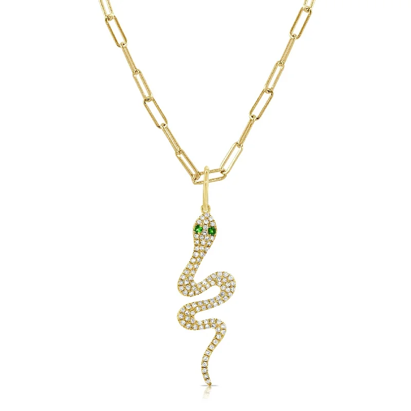 personalized long necklace -Joelle Snake Pendant 14K Yellow Gold Diamond & Tsavorite Necklace 16-inch Paperclip Chain