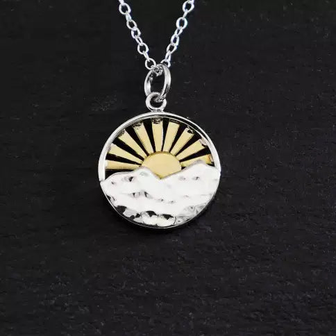 geometric silver necklace -Silver Mountain with Bronze Sun Rays Necklace