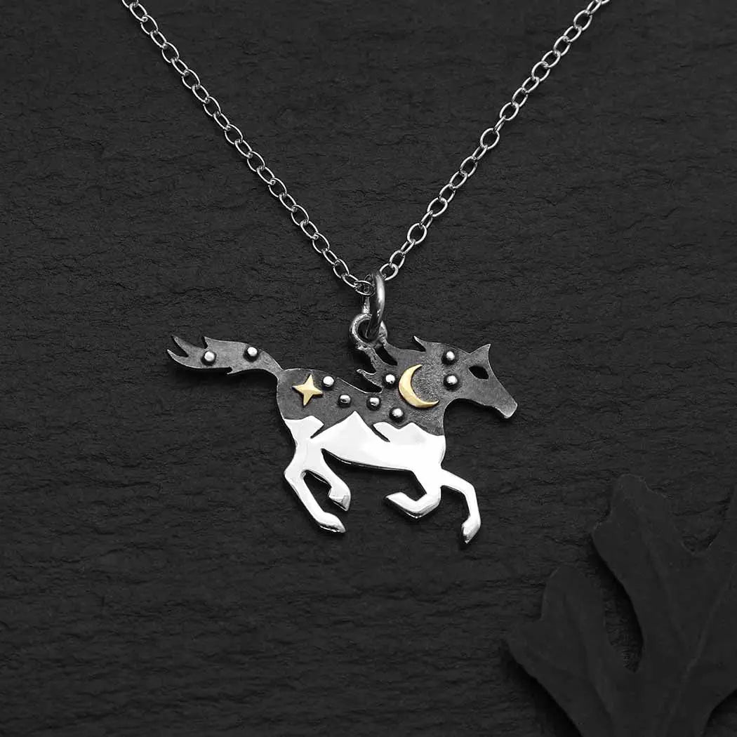 silver and crystal necklace -Sterling Silver Horse Necklace with Bronze 18 Inch