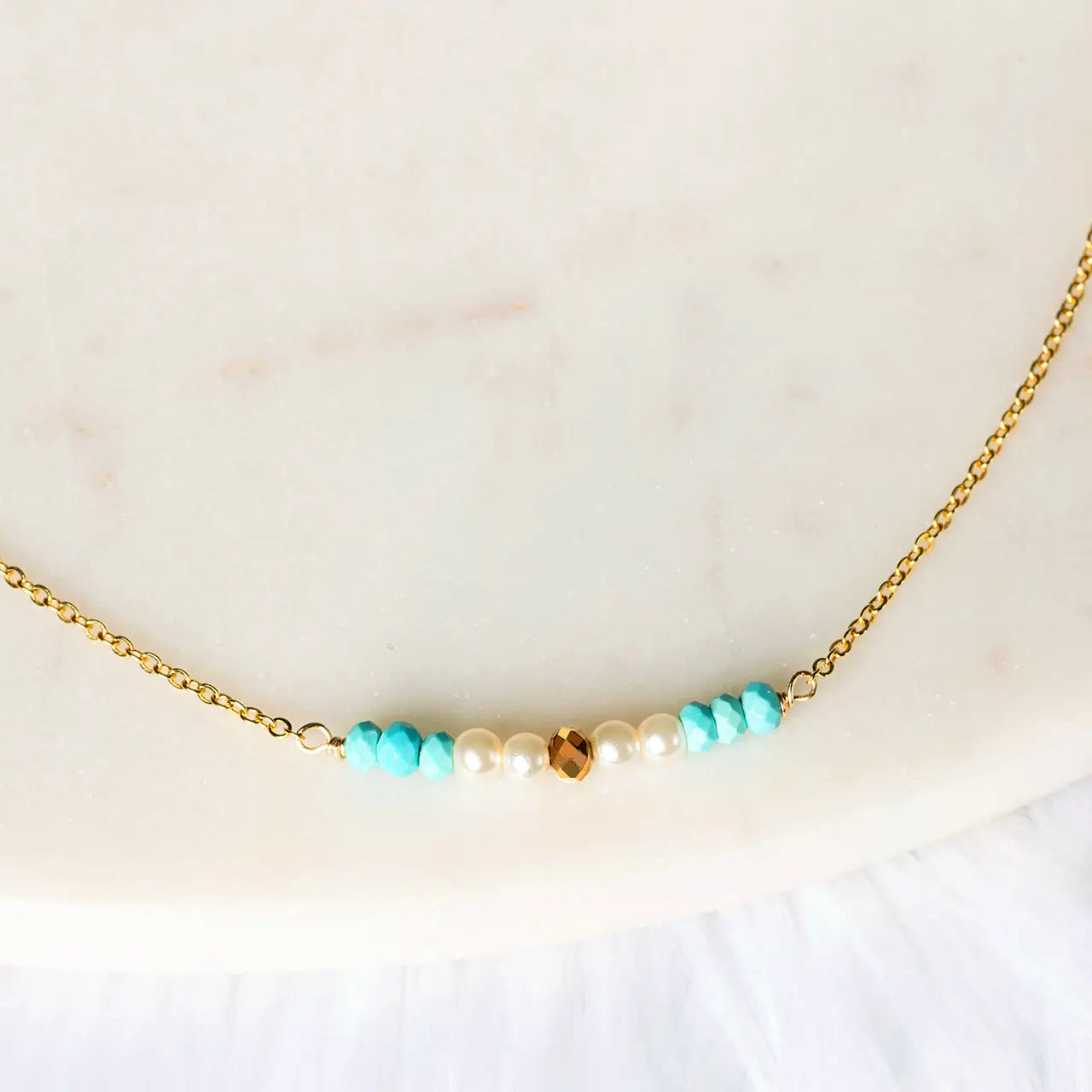 men’s sterling silver necklace -Gold Pearl, Turquoise and Metallic Crystal Arc Necklace