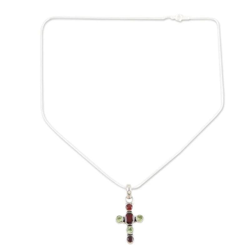 butterfly pendant necklace silver -Novica Handmade Harmonious Garnet And Peridot Cross Necklace