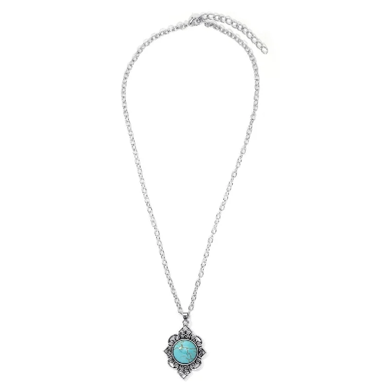 luxury chain necklace for women -Silver Plated Simulated Turquoise Filigree Pendant Necklace