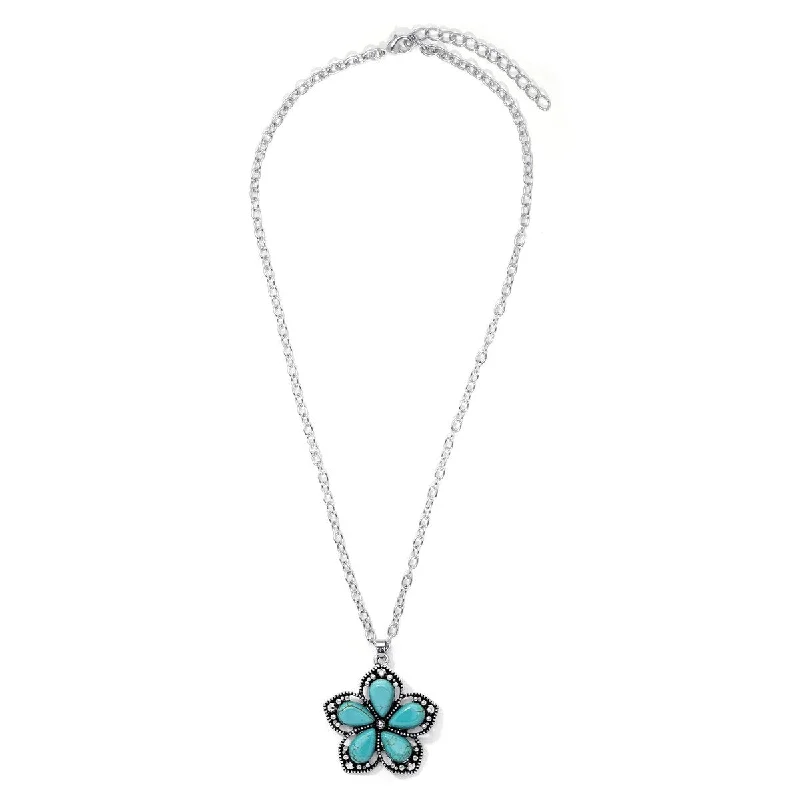 sterling silver love necklace -Silver Plated Simulated Turquoise Flower Pendant Necklace