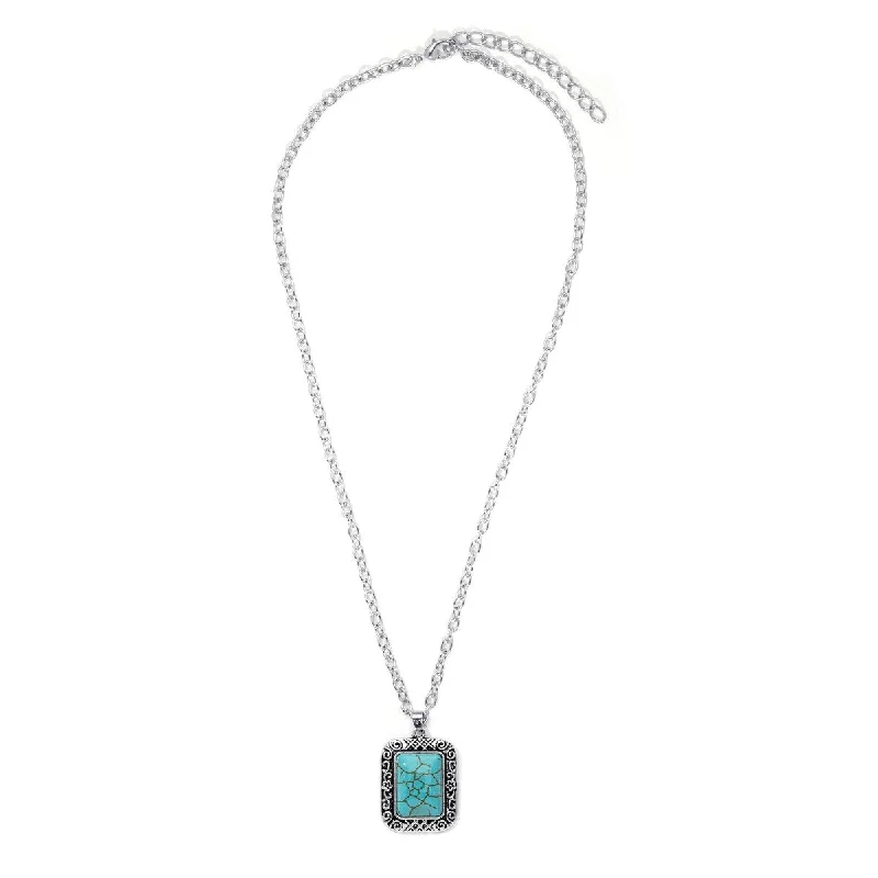 vintage floral necklace -Silver Plated Simulated Turquoise Rectangle Pendant Necklace