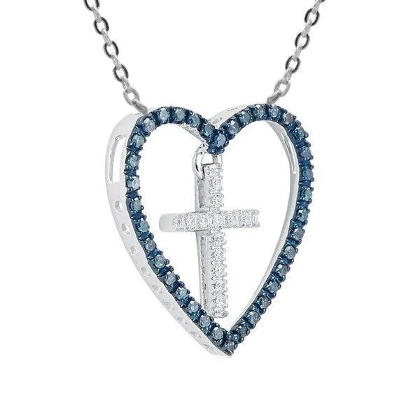 gold coin pendant necklace -Sterling Silver 0.25ct TDW Blue and White Diamond Cross in Heart Pendant Necklace