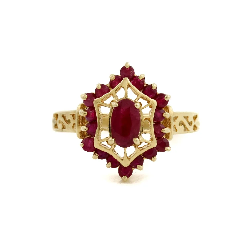 women’s rings with diamonds and emeralds-10 KT Gold x Vintage Ruby Cocktail Ring