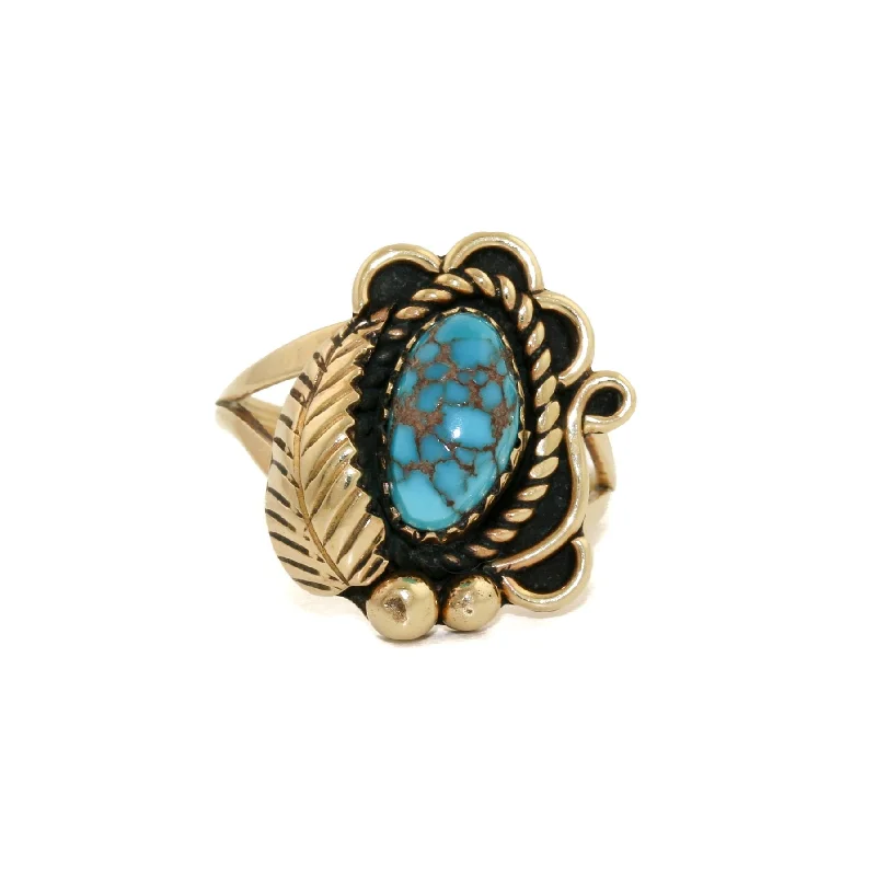 wedding bands for women with rubies and sapphires-Classic 14k Gold x Egyptian Turquoise Navajo Leaf Ring