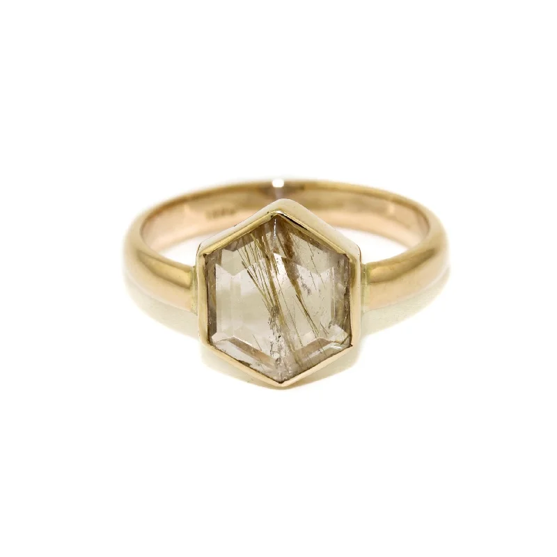 women’s custom wedding bands-14K Hexagonal Cut Rutilated Quartz Ring