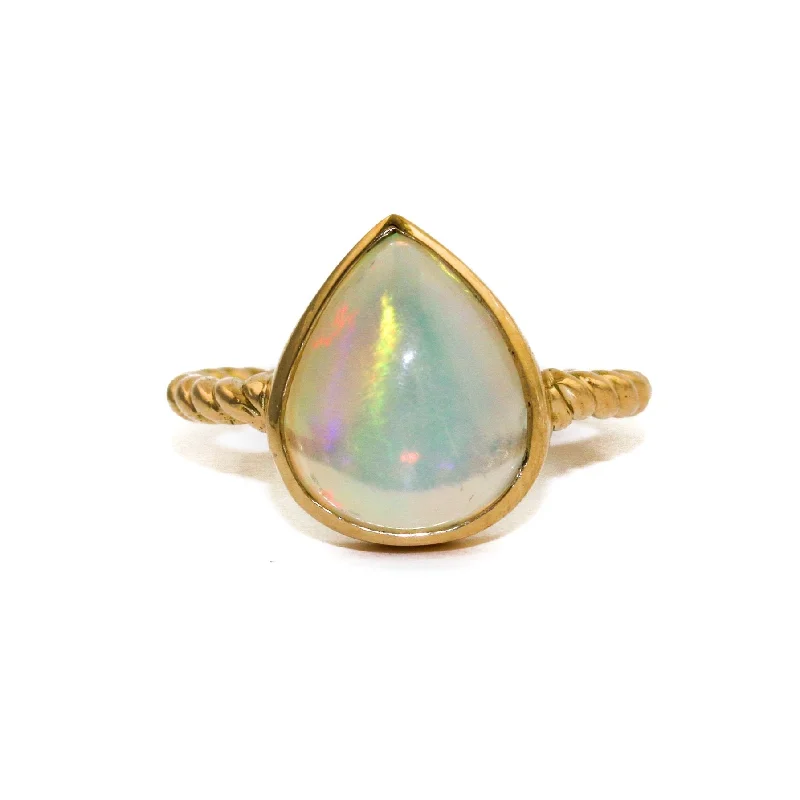 gold wedding rings with engraving-14 KT Gold x Teardrop Welo Opal Rope-Band Ring