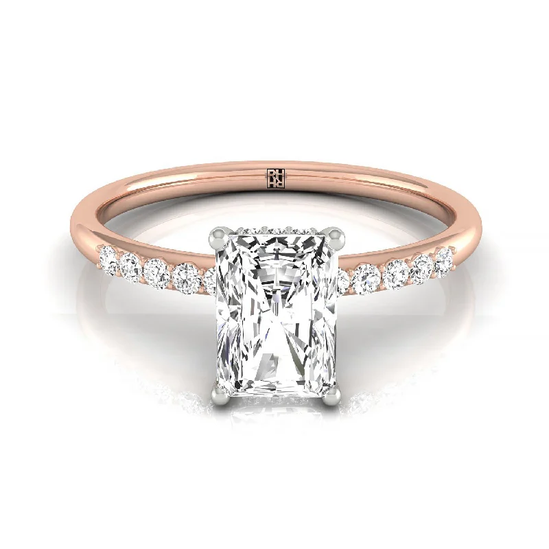 men’s rings with white gold and diamonds-14k Rose Radiant Double Hidden Halo Quarter Shank Engagement Ring - 1/25ctw