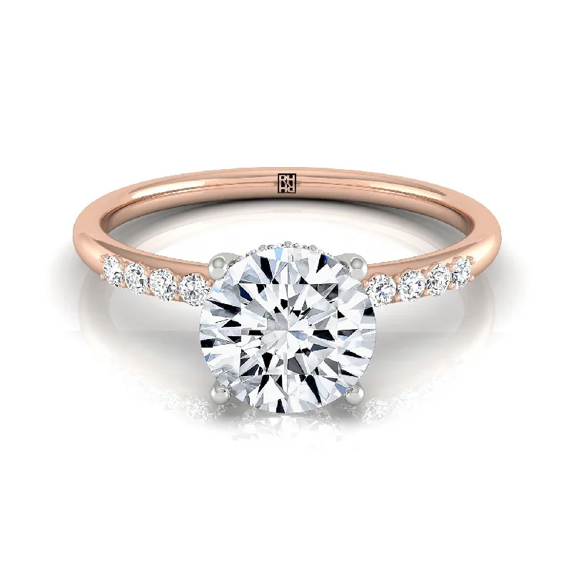 custom made promise rings-14k Rose Round Double Hidden Halo Quarter Shank Engagement Ring - 1/25ctw