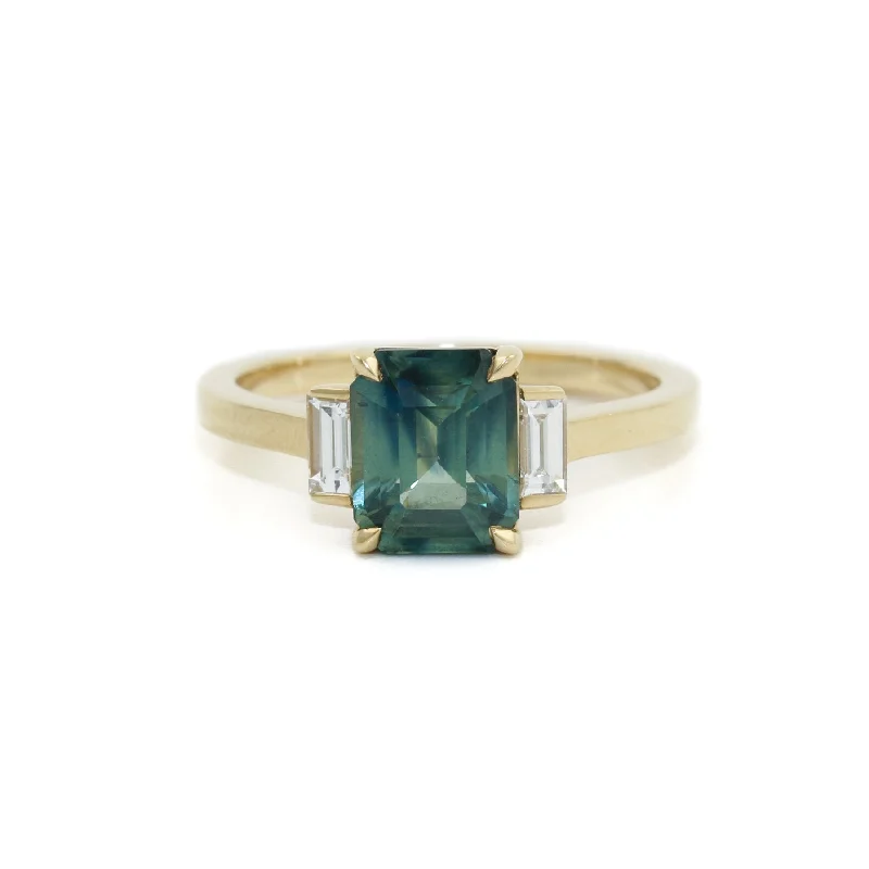 luxury platinum wedding rings-14k Gold x Teal Madagascan Sapphire & Baguette Diamond Ring