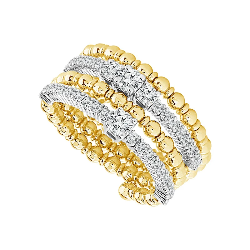 wedding bands for women with rubies and sapphires-14K Two Tone Diamond and Beaded Multi Row Flexible Ring