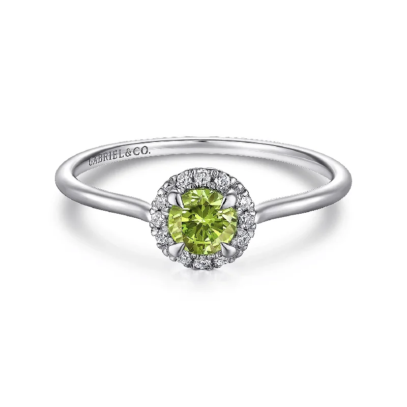 men’s rings with emerald stones-14K White Gold Peridot and Diamond Halo Promise Ring