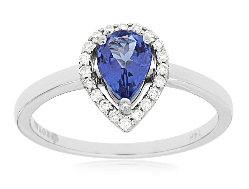 custom rings for women with initials-14K White Gold Tanzanite and Diamond Halo Ring