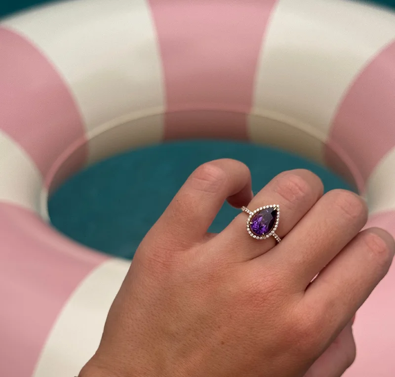 men’s wedding rings with multicolored diamonds-14K Amethyst and Pave Diamond Halo Ring