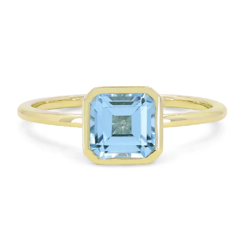 men’s wedding rings with engraving-14K Yellow Gold Bezel Set Blue Topaz Birthstone Ring