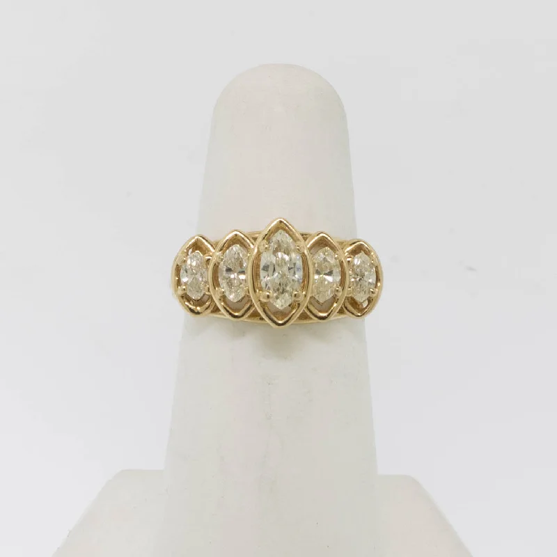 luxury wedding bands for couples-14K Yellow Gold Marquise Diamond Ring (5) Diamonds 1 CTTW Size 5.25 (Estate)