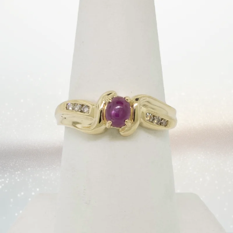 custom gold rings for men-14K Yellow Gold Star Ruby (Chipped) and Diamond Ring Size 6.5 Preowned Jewelry