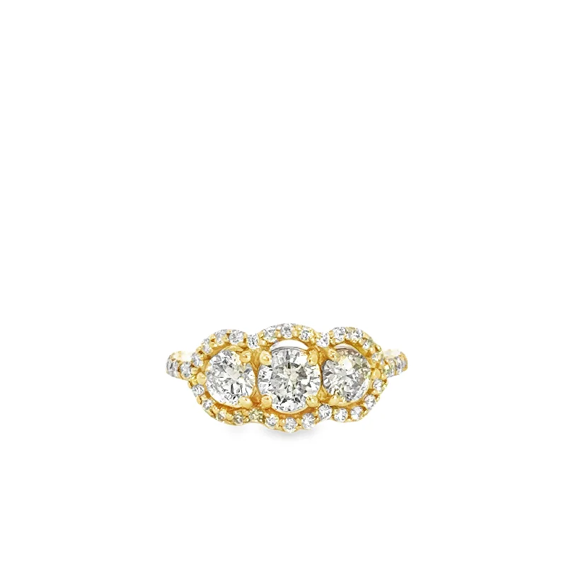 gold promise rings with diamonds-14K Yellow Gold Three-Stone Round Diamond Continuous Halo Ring